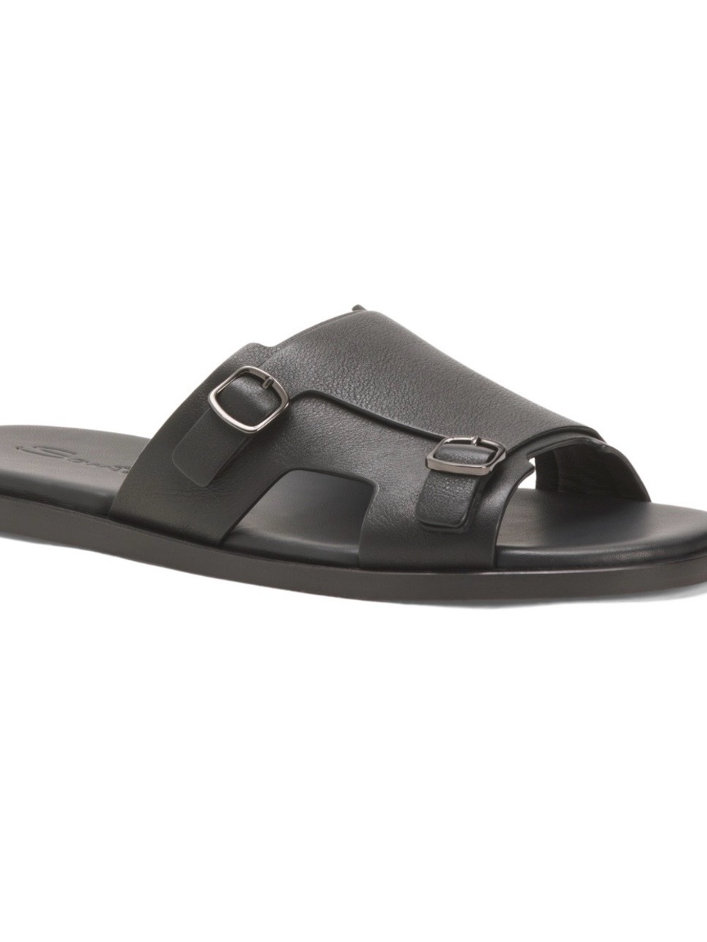 Santoni Black Leather Slide Sandals with Dual Buckle Straps